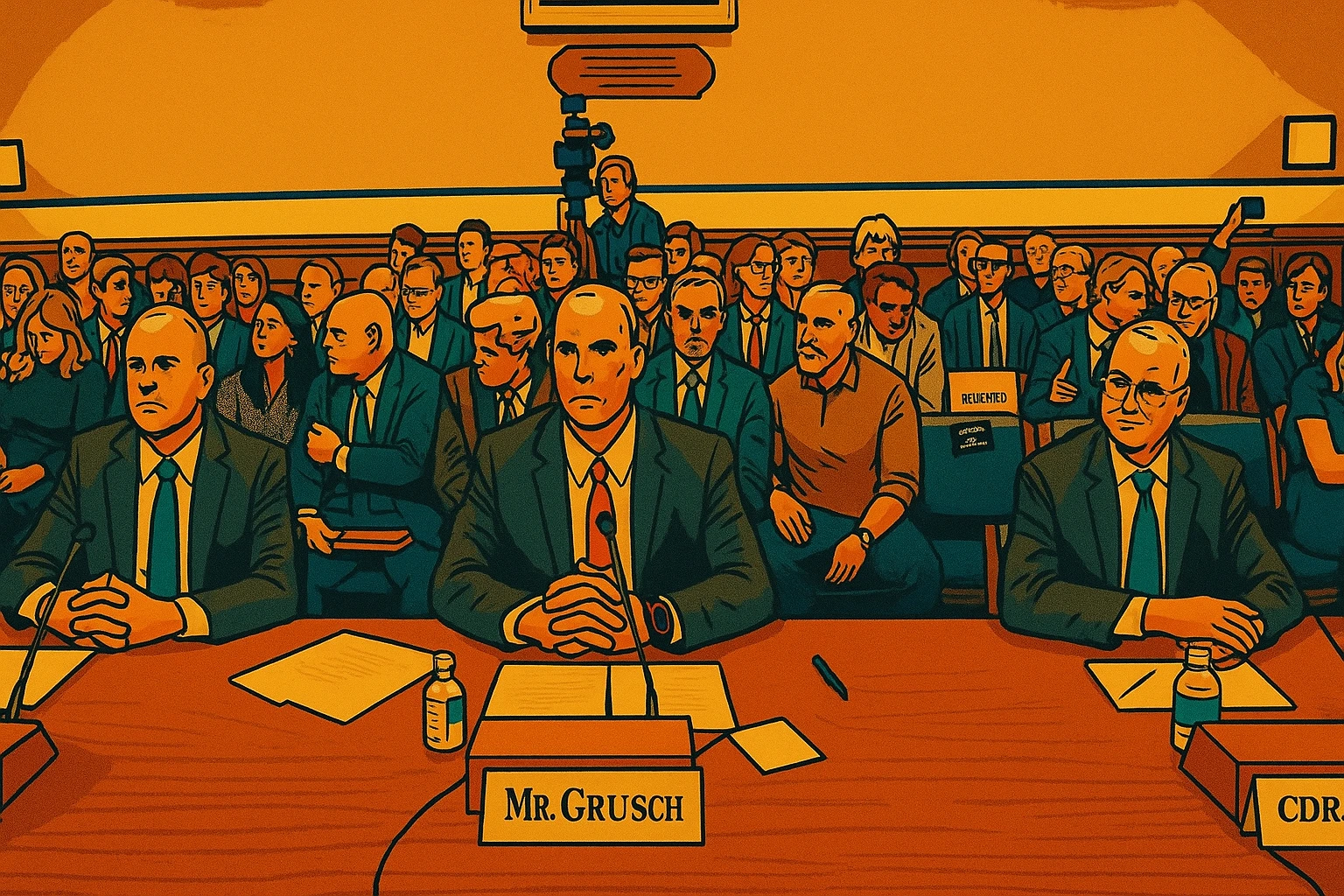 Artistic representation of key witnesses testifying before U.S. Congress